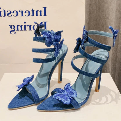 Denim Butterfly-Knot Thin Heels Sandals For Women