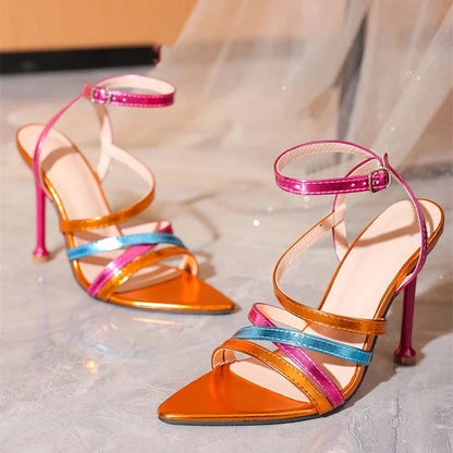 Pointed Toe Thin High Heels Mixed Color Women Sandals