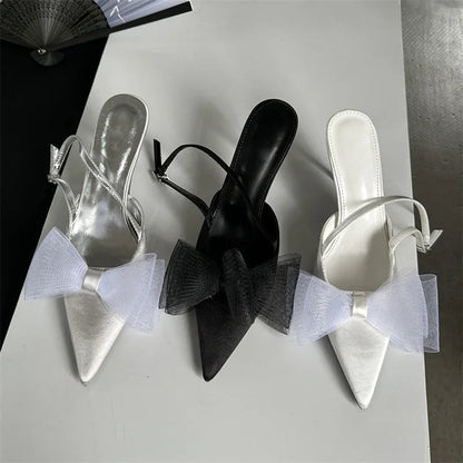 Mesh Butterfly-Knot Woman Pumps With Pointed Toe And Thin High Heels