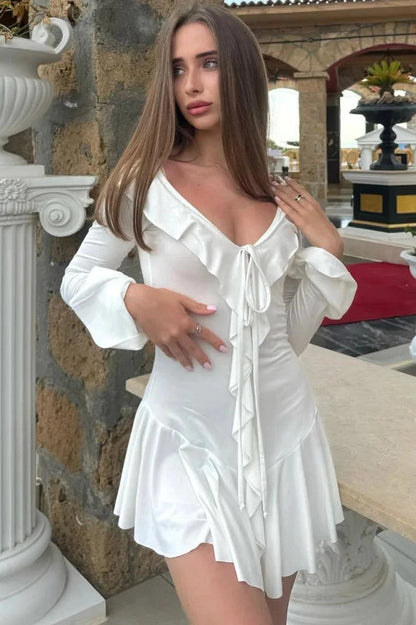 Elegant Lace Up Bodycon Mini Dress With Long Sleeves