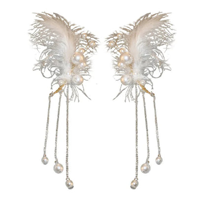 Lizakosht Unique Long White Feather Pearl Tassel Earrings For Women Creative Clip-On Party Jewelry