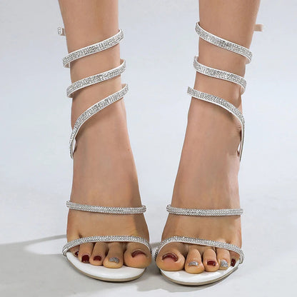 White Summer Crystal Rhinestone Snake Ankle Strap High Heels Shoes