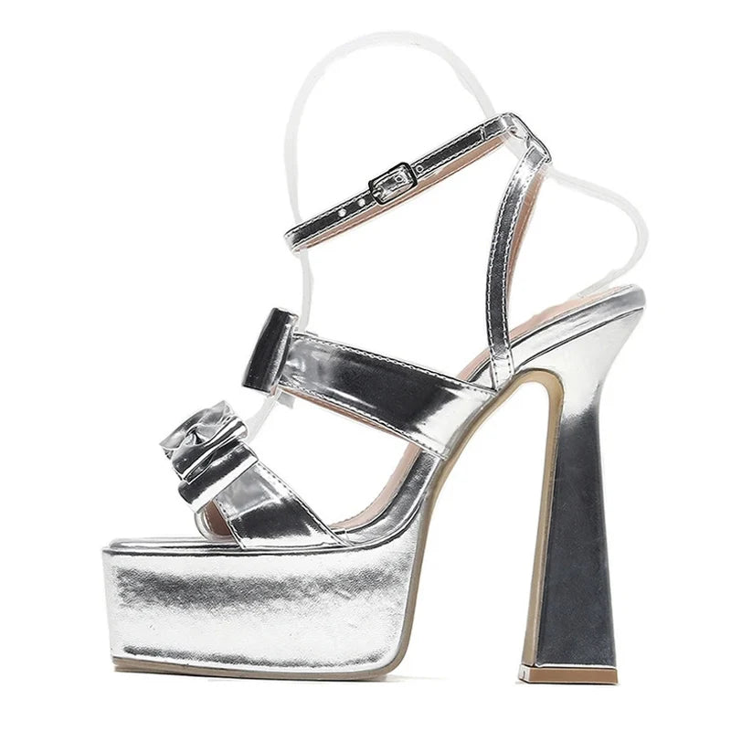 Silver Chunky High Heels Platform Sandals - Runway Style Sexy 15Cm