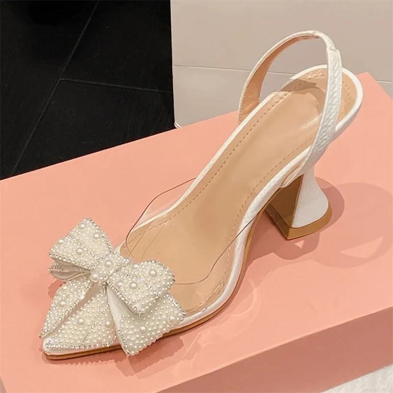 Butterfly-Knot Pvc Transparent String Bead Women Pumps Sandals