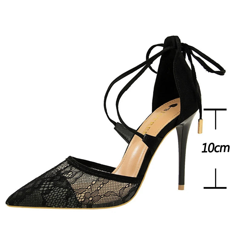 Cross Straps Women Sandals Mesh Lace High Heels Stiletto Party Shoes