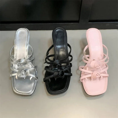 Satin Narrow Band Flower Slipper With Open Toe And Thin Heels