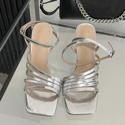 Summer Golden Silver Square Toe Sandals For Women