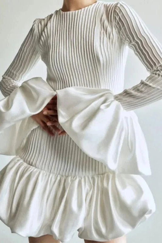 Elegant High Waist Long Sleeve Pleated Mini Dress