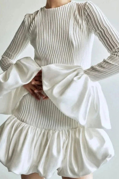 Elegant High Waist Long Sleeve Pleated Mini Dress