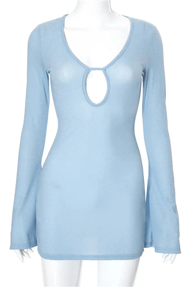 Slim Patchwork Mini Dress With Hollow Out Long Sleejsong Sleeve