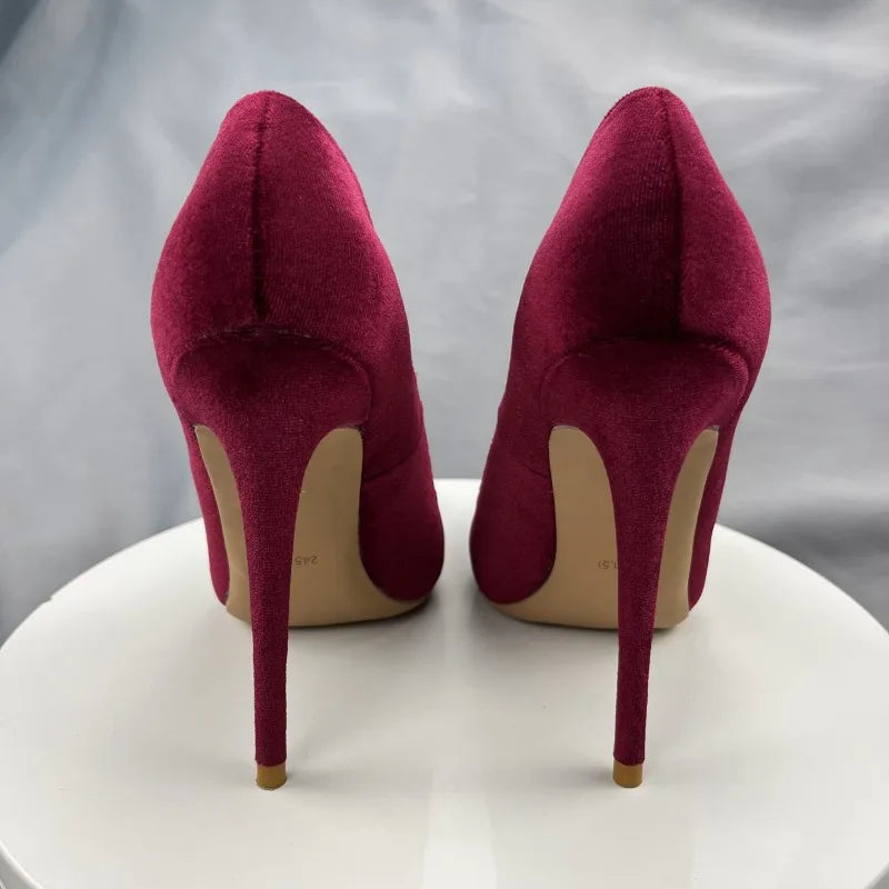 Wine Red Flock Pointy Toe High Heel Shoes For Women