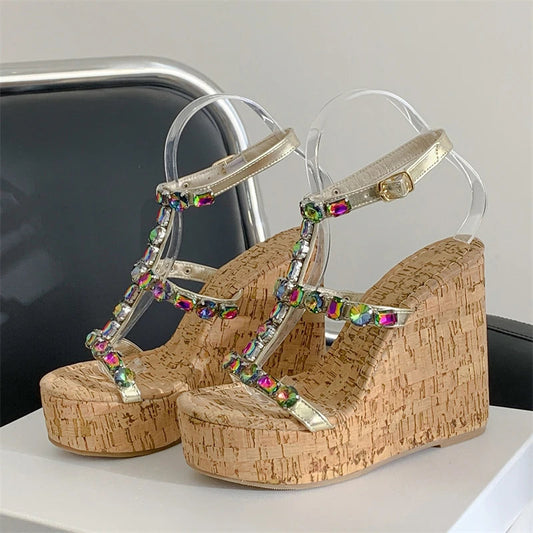 Wood Grain Platform Wedges High Heels Sandals