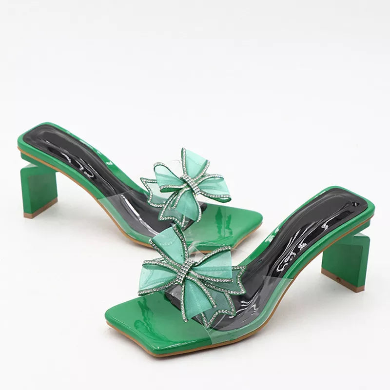 Green Transparent Low Square Heel Women’s Slippers