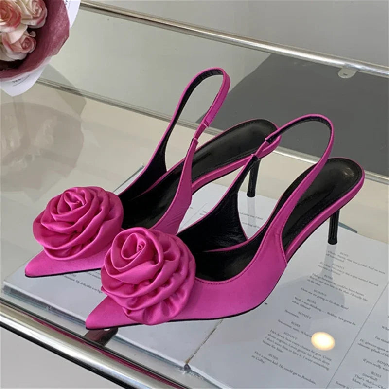 Satin Slingback Women Pumps With Sexy Flower Design Pointed Toe And Thin High Heels