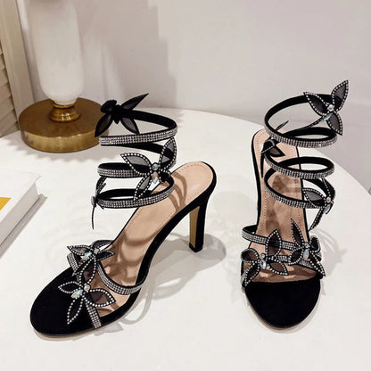 Crystal Butterfly Open Toe Thin High Heels