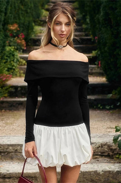 Slim High Waist Off-Shoulder Long Sleeve Mini Dress