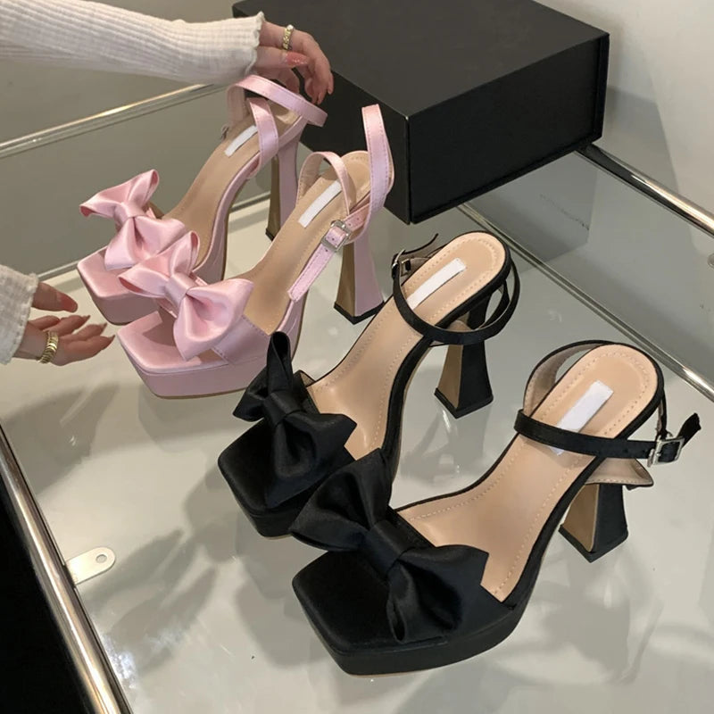 Pink Silk Bowknot Square Open Toe Super High Heels Sexy Sandals