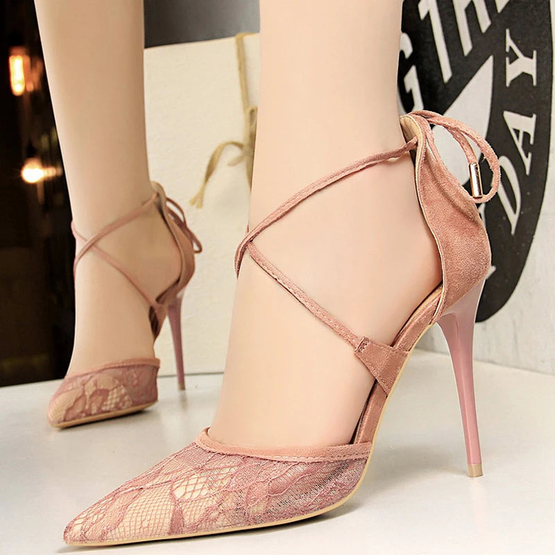 Cross Straps Women Sandals Mesh Lace High Heels Stiletto Party Shoes