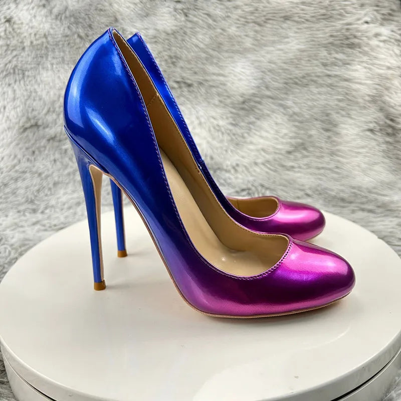 Blue Pink Gradient Round Toe Slip On High Heel Shoes For Women