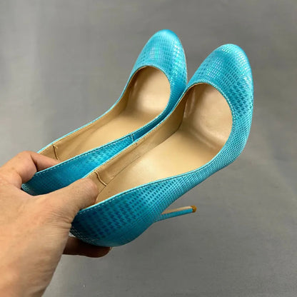Green Blue Snakeskin Slip On High Heel Shoes For Women