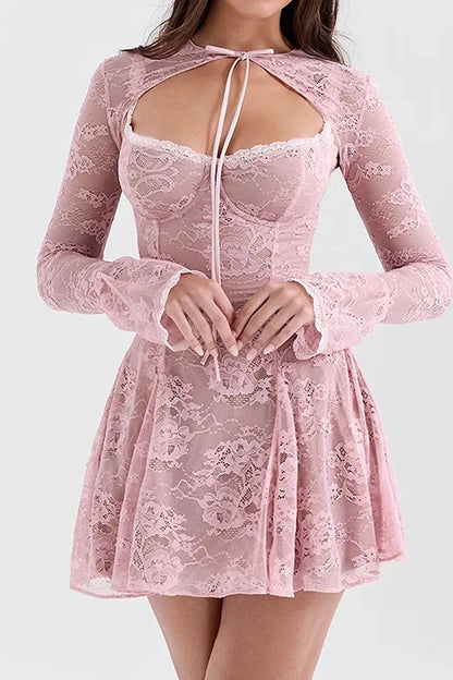 A-Line Mini Dress With O-Neck High Waist Long Sleeves And Lace-Up Detail