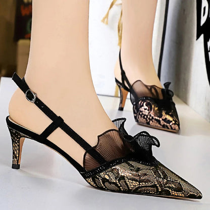 Mesh Lace Women Sandals With Sexy Kitten Heels 5 Cm And 9 Pumps