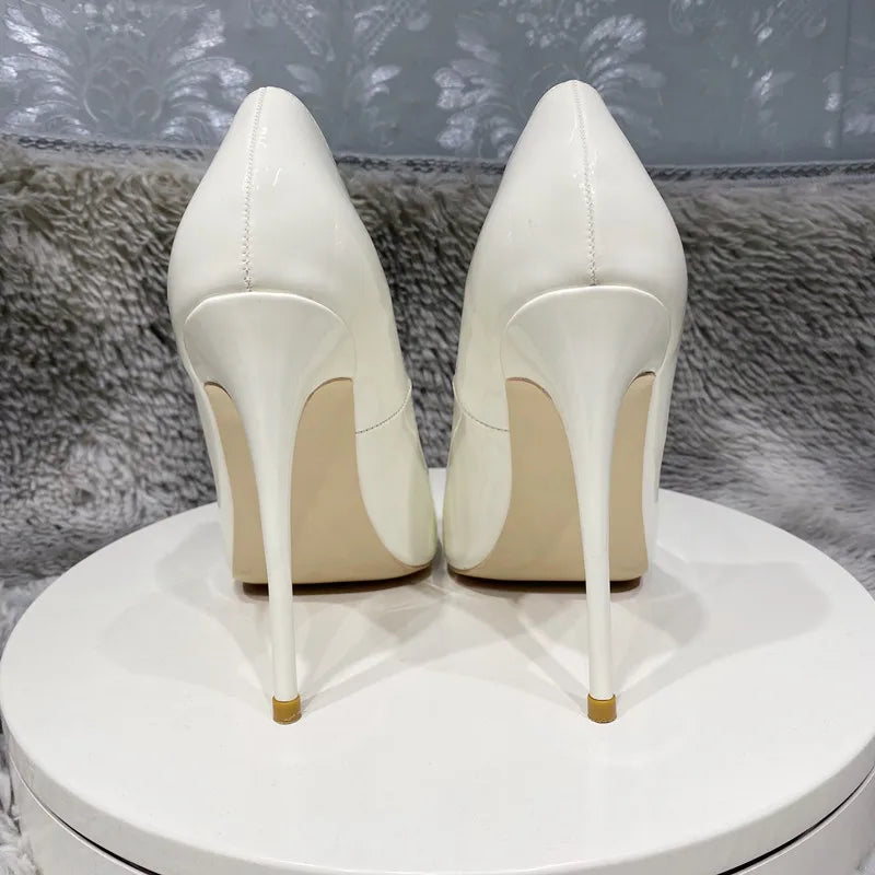 Glossy White Pointy Toe High Heel Shoes With Front V Cut For Women