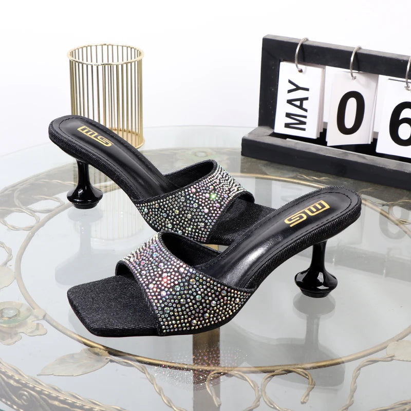 Summer Blue Denim Rhinestone Women’s Slippers With 7Cm Heel