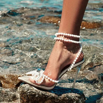 White String Bead Transparent High Heels For Women Sexy Summer Style