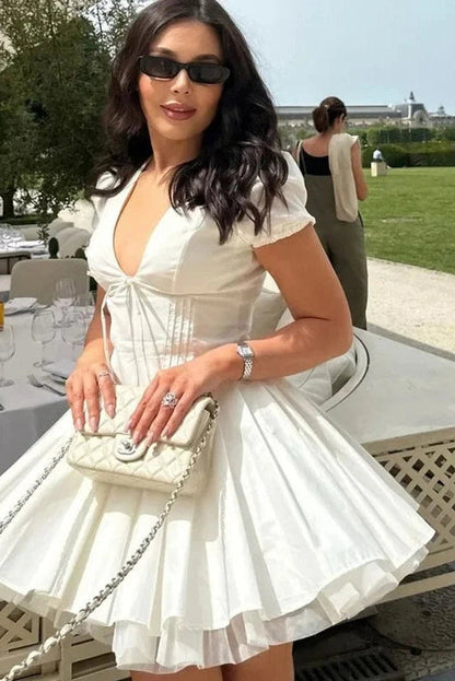 V-Neck High Waist Pleated Mini Dress With Short Sleeves