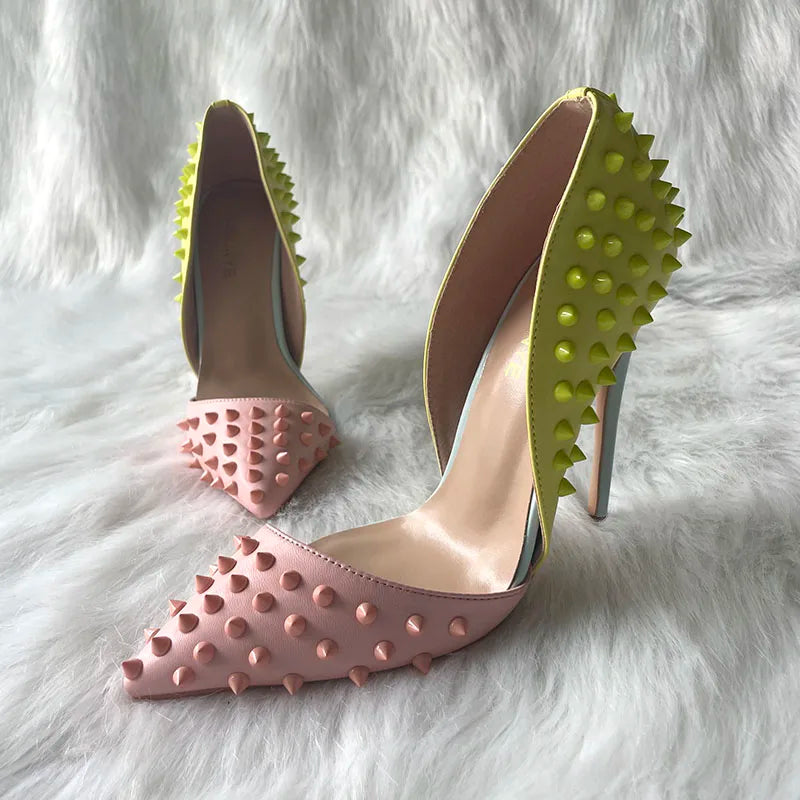 High Heel Shoes with Mixed Colors, Pointed Toe, Rivets, and Studs for ...
