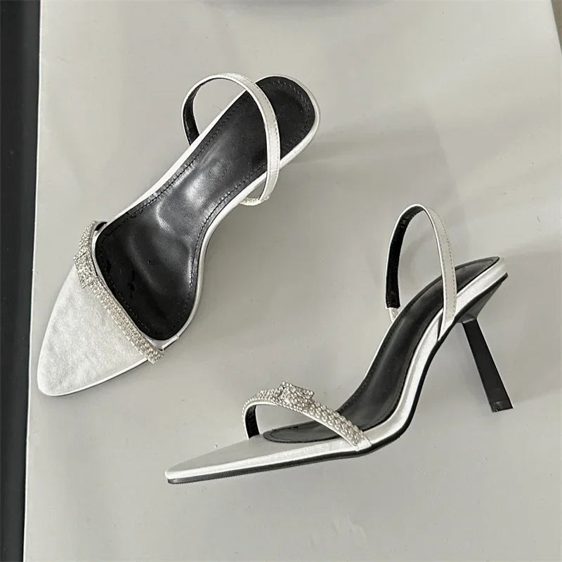 Crystal Buckle Pointed Toe Women Sandals with Ankle Strap and Thin High Heels