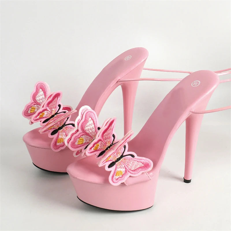 Butterfly Cross Embroidery High Heels Platform Sandals For Women