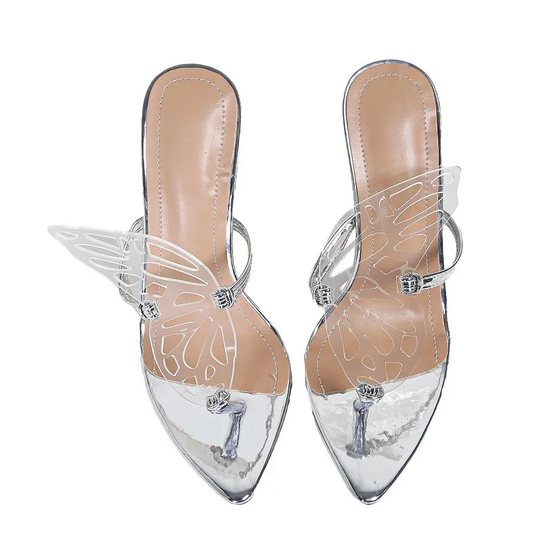 Pointed Toe Women Slippers Street Style Gold Silver High Heels Sandals