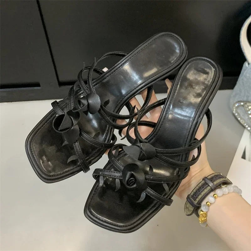 Satin Narrow Band Flower Slipper With Open Toe And Thin Heels