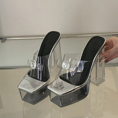 Chunky High Heel Transparent Slippers