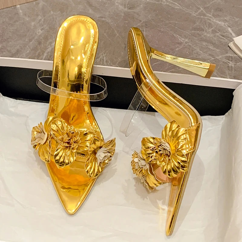 Pvc Transparent Flower Pointed Toe Thin Heel Slippers For Summer