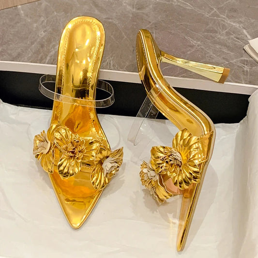 Pvc Transparent Flower Pointed Toe Thin Heel Slippers For Summer