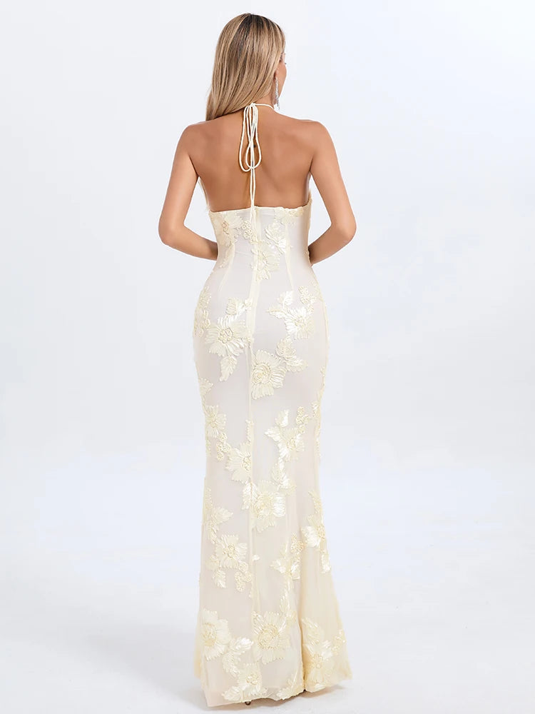 Ysabella Floral Applique Mesh Halter Gown