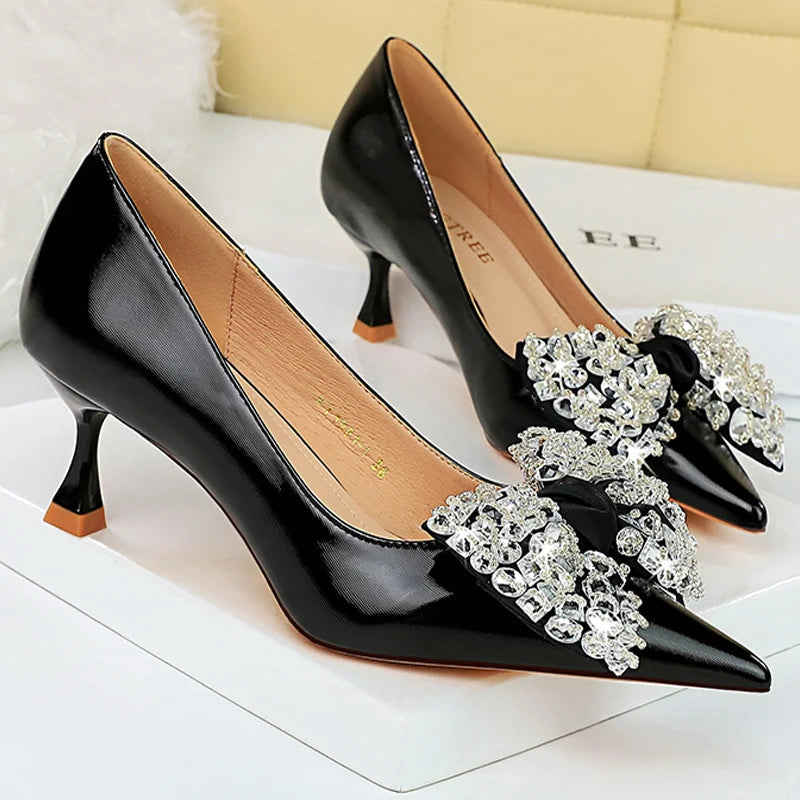 Rhinestone Bowknot Kitten Heels Luxury Party Shoes For Women