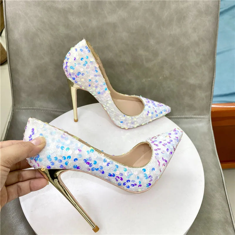 White Pointy Toe High Heel Shoes With Bling Sequins For Women