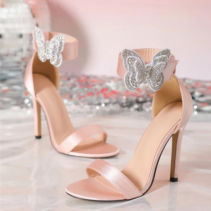 Crystal Butterfly Silk Ankle Strap Sandals For Elegant Party Wedding Women