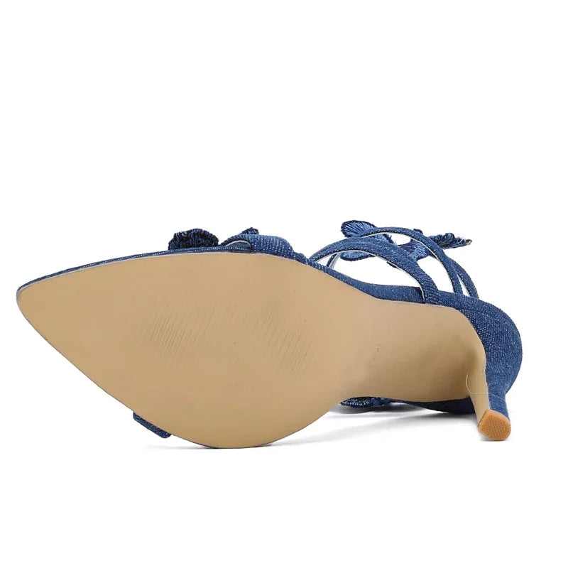 Denim Butterfly-Knot Thin Heels Sandals For Women