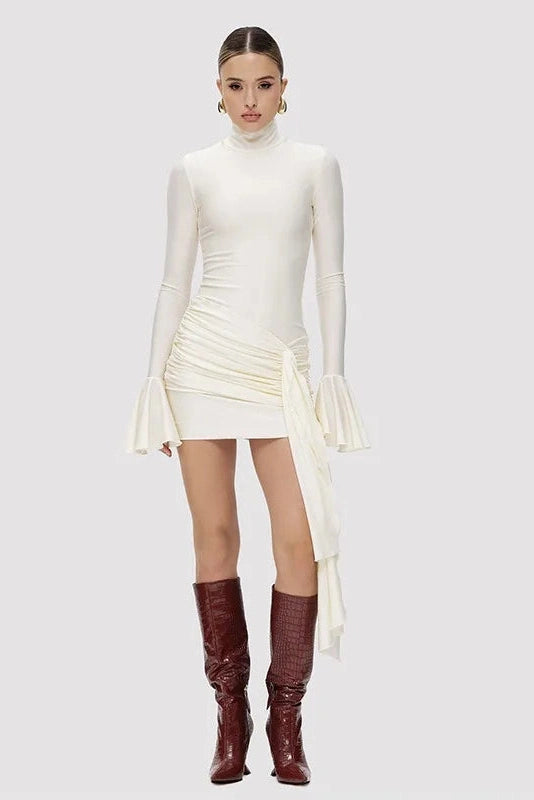 Pleated Long Sleeve Mini Dress With High Waist Patchwork