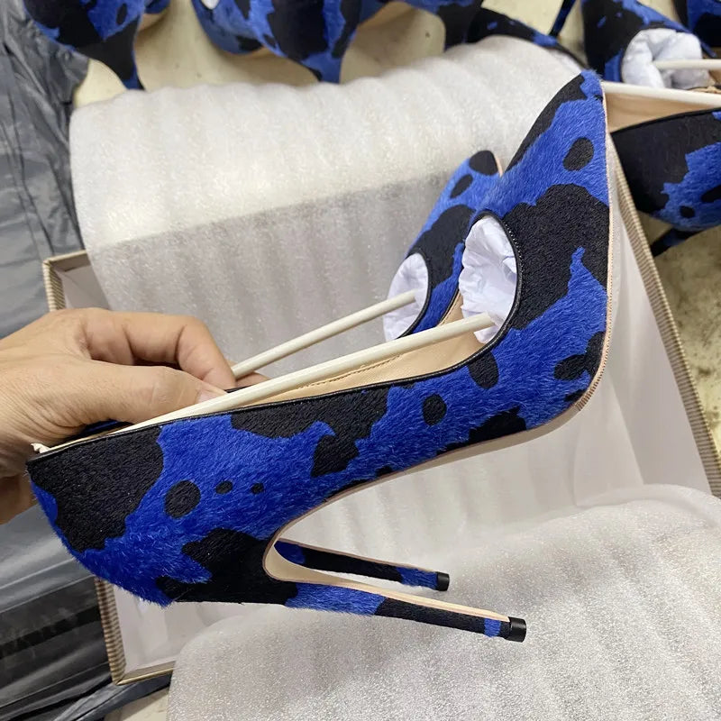 Blue Cow Women Hairy Flock Pointy Toe High Heel Shoes -