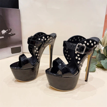 Rivet Platform Peep Toe Women Slippers With Thin Heels - Fashionable Female Sandals For Summer