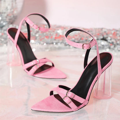 Pink High Heel Sandals With Double Buckle Narrow Band For Women