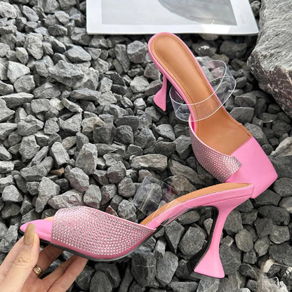 Crystal Rhinestone Summer Open Toe Mules High Heels Sandals For Women