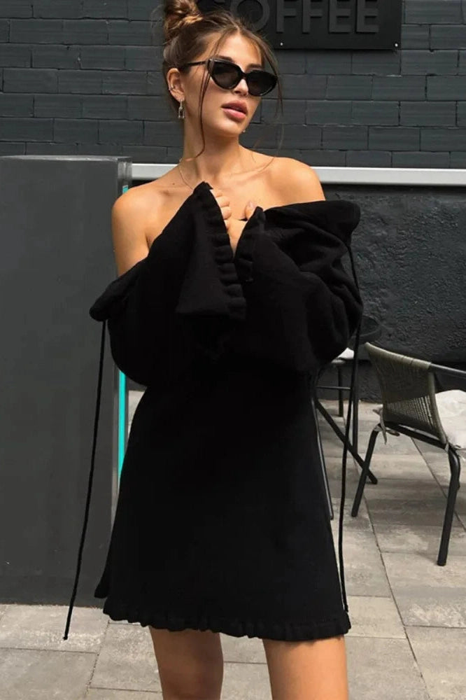 Lace-Up Long Sleeve Mini Dress With High Waist