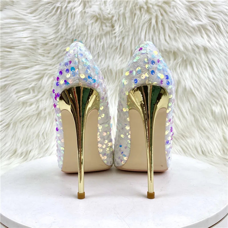 White Pointy Toe High Heel Shoes With Bling Sequins For Women